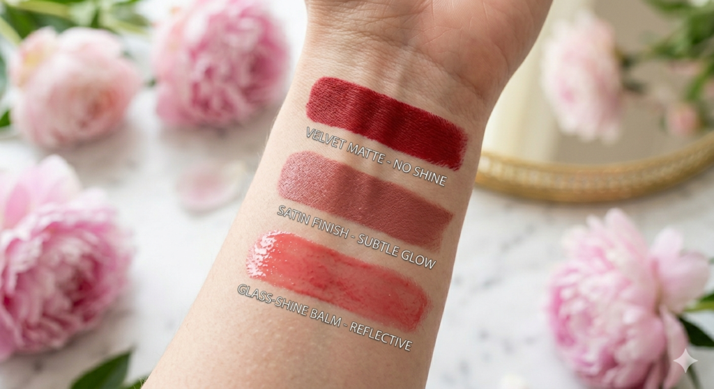 Comparison of different lipstick finishes: matte vs satin vs glass shine.
