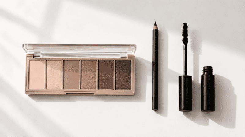 Eye makeup products arranged in order — eyeshadow palette, eyeliner pencil, and mascara