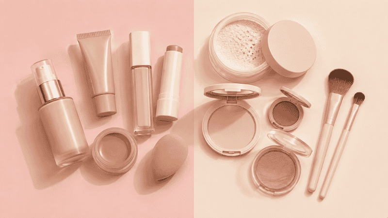 Liquid foundation and powder products side by side showing the correct makeup layering order