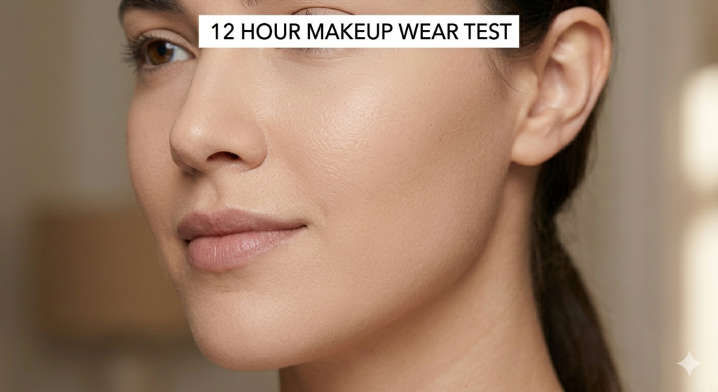 High-resolution close-up of a model after a 12-hour wear test showing matte foundation finish with no pore clogging or oxidation.
