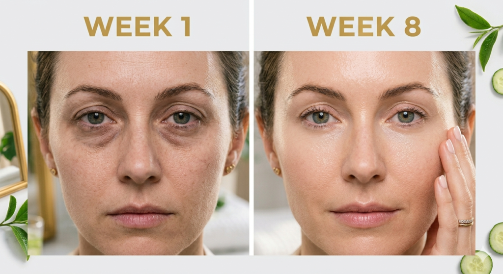 Visible results of using the best under eye black cream over eight weeks.