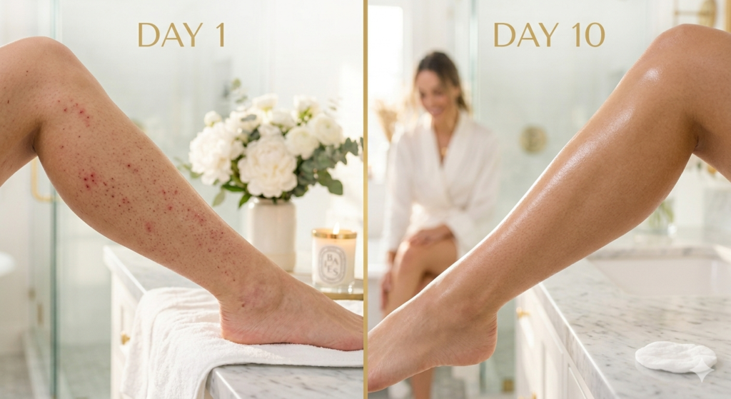 Before and after comparison of using Tend Skin for 10 days on razor bumps.