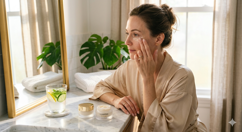 Applying a high-potency under eye black cream for dark circles and radiant skin.