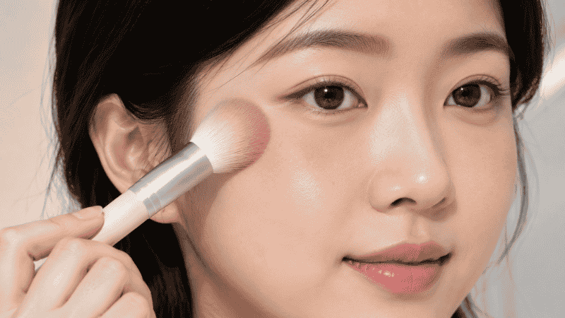 Blush swept diagonally upward on a round face shape to create a lifted contoured effect