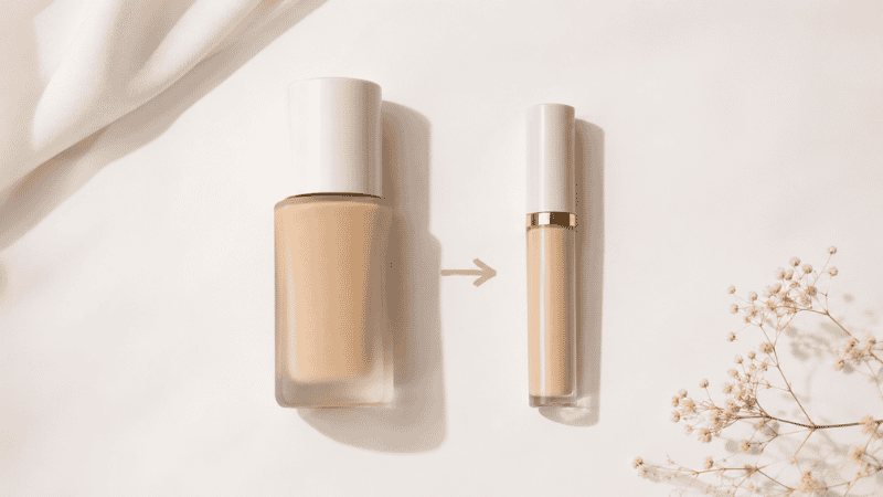 Foundation bottle and concealer tube side by side showing correct makeup application order