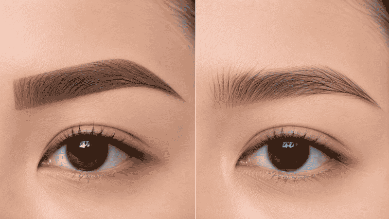 Comparison of over-filled blocky eyebrow front versus correctly feathered natural-looking eyebrow start