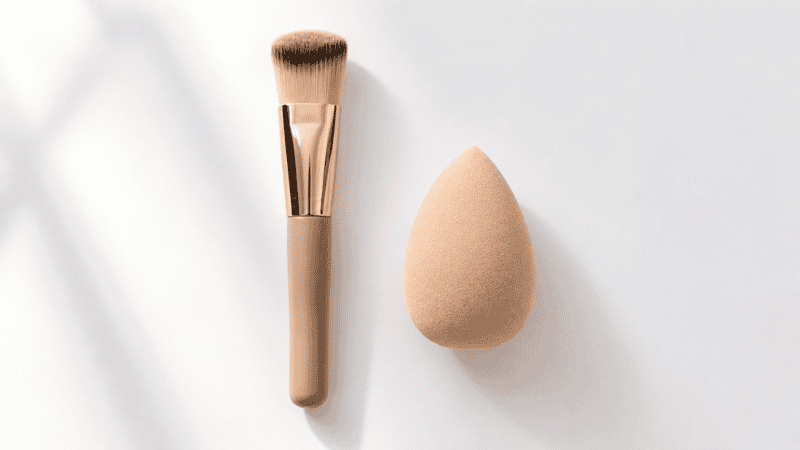 Foundation brush and damp beauty sponge placed side by side showing two application tool options