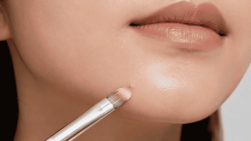 Small concealer brush applying product precisely onto a blemish for targeted coverage