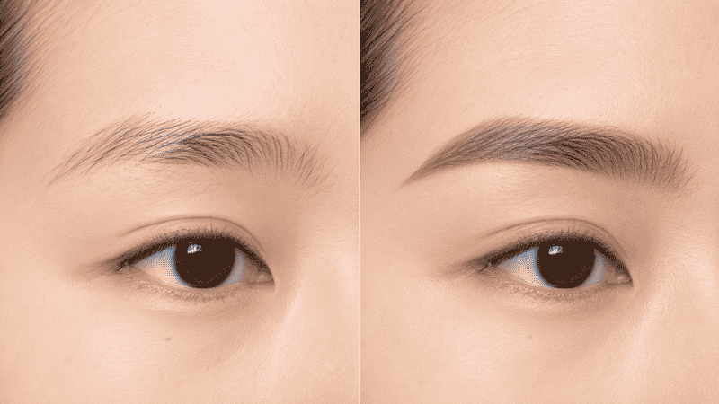 Before and after showing sparse eyebrow area filled in with soft powder for a natural fuller appearance