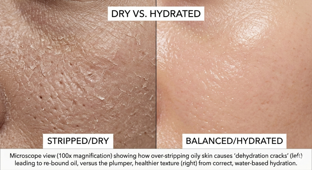 Microscope 100x magnification view comparing dehydrated oily skin cracks with healthy hydrated skin texture for better foundation adhesion.