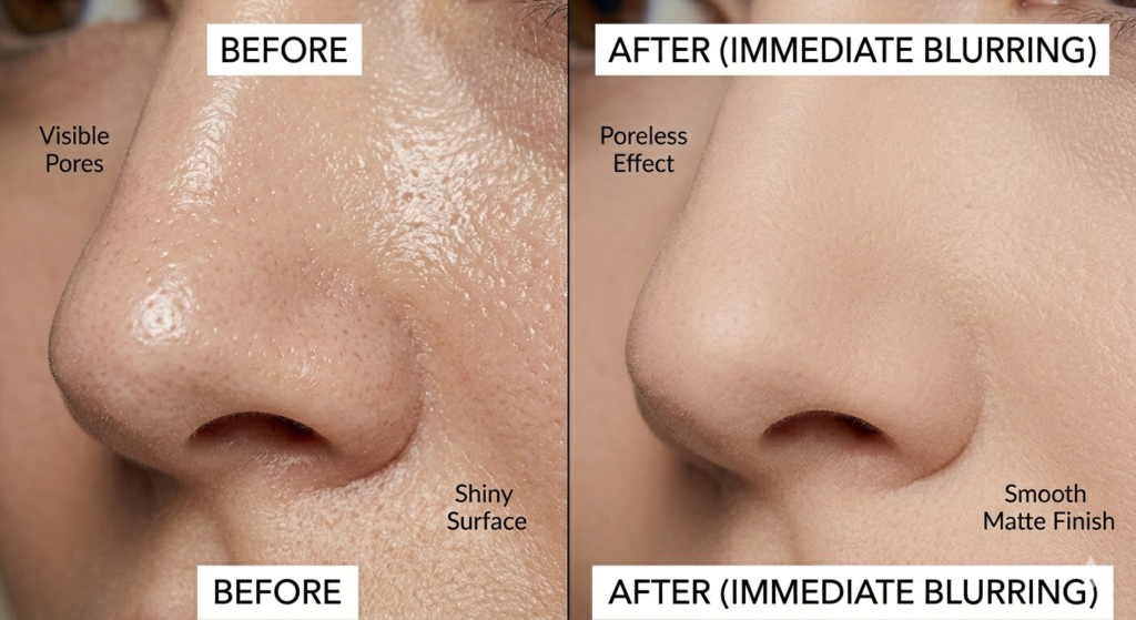 Macro close-up comparison showing a nose with visible pores and oil versus an immediate poreless, blurred finish after applying a professional oily skin primer.