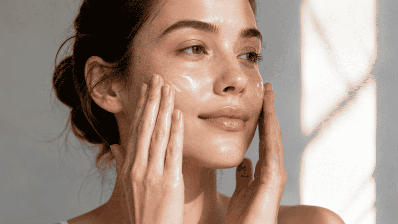 Moisturizer being applied to clean skin before foundation as part of makeup prep routine