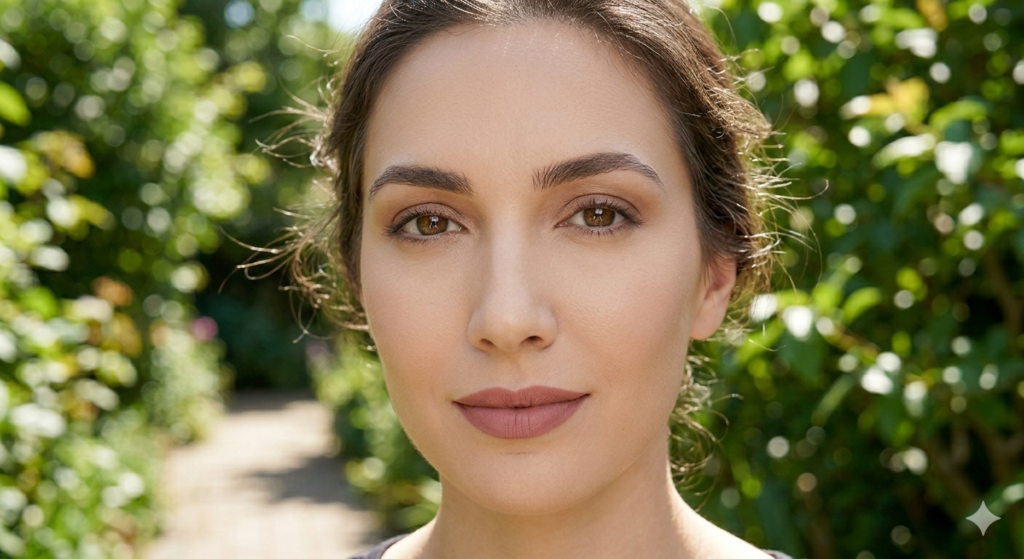 High-definition 4K portrait of a model with a soft-matte foundation finish under direct sunlight, demonstrating zero oil reflection and an airbrushed skin texture.