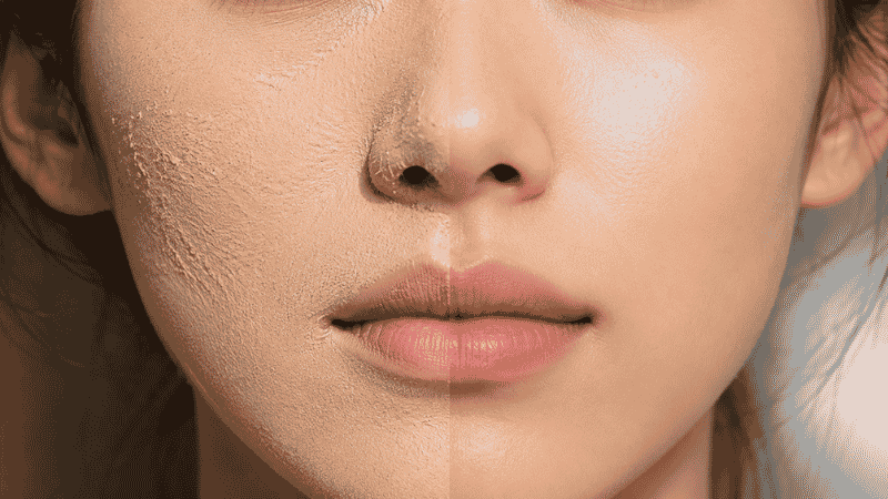 Close-up of cakey foundation texture on skin showing over-application mistake and how to fix it