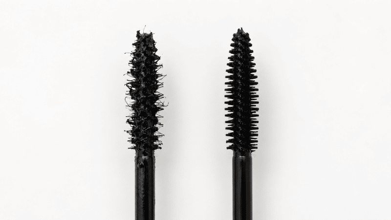 Old dried mascara wand with clumped bristles next to a fresh new mascara tube comparison