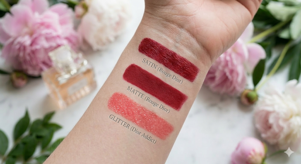 Close-up swatches of dior rouge lipstick finishes and dior glitter lipstick texture.