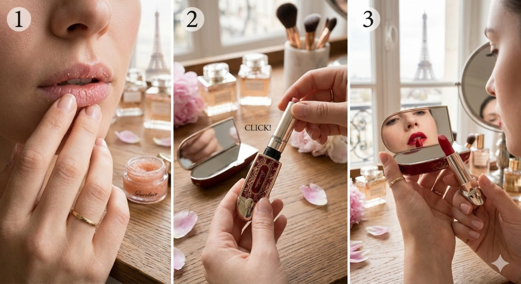 Step-by-step guide on how to apply dior lipstick and install a rouge dior refill.