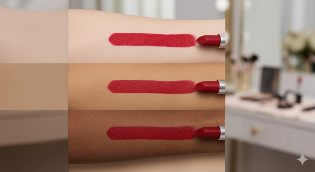 MAC Ruby Woo lipstick swatch on three different skin tones