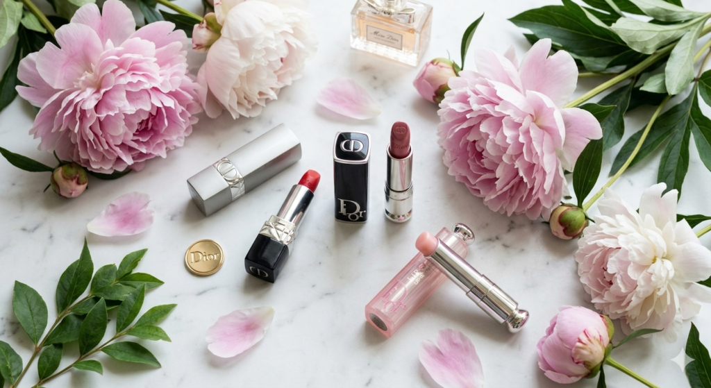 Luxury flatlay of Dior lipstick collection including Rouge Dior and Dior Addict on a marble surface.
