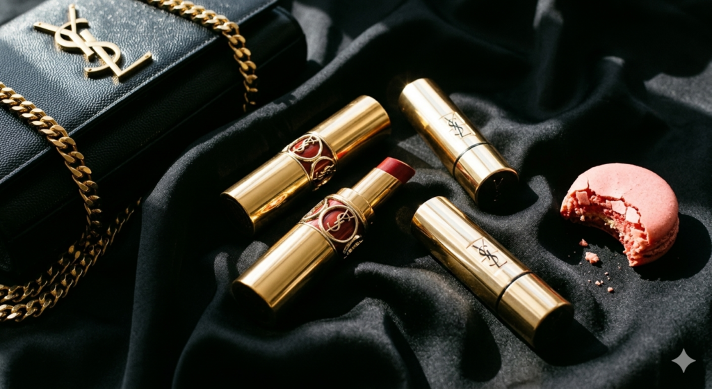 Luxury YSL lipstick collection in gold packaging on black silk background.
