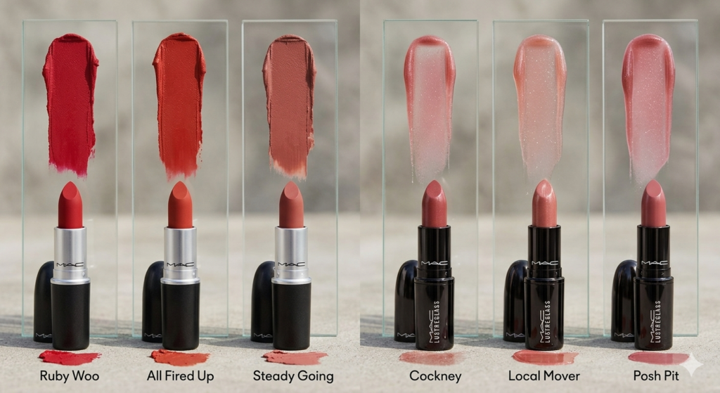 MAC lipstick finishes comparison table: Retro Matte vs Lustreglass
