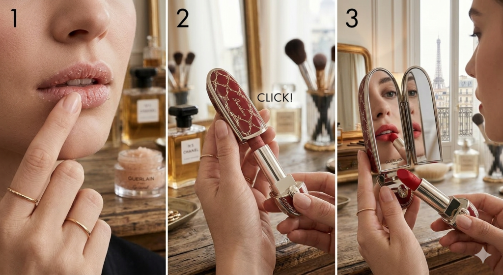 Applying Guerlain Rouge G velvet lipstick with double-mirror mechanism for a precise Parisian makeup look.