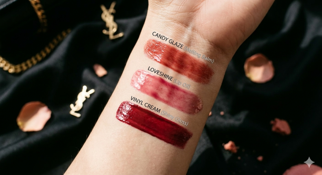 Comparison swatches of ysl lipstick balm, ysl lipstick oil, and ysl lipstick gloss on skin.