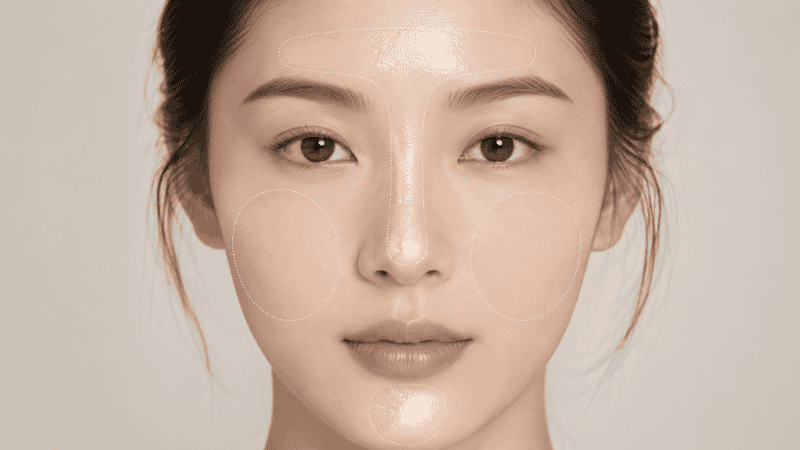 Close-up of a face showing oily T-zone on forehead and nose with drier skin on the cheeks showing combination skin type