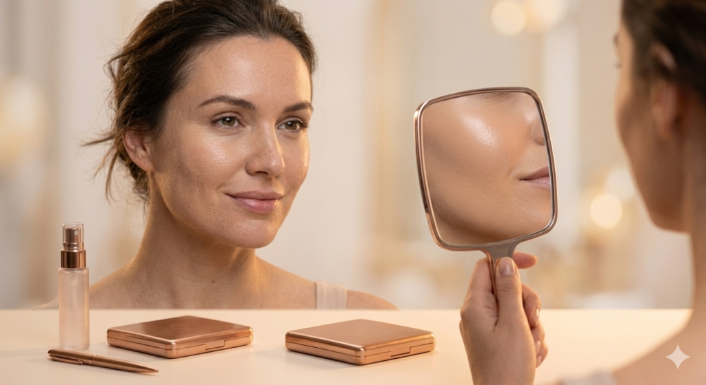 Professional woman with flawless, long-lasting office makeup.