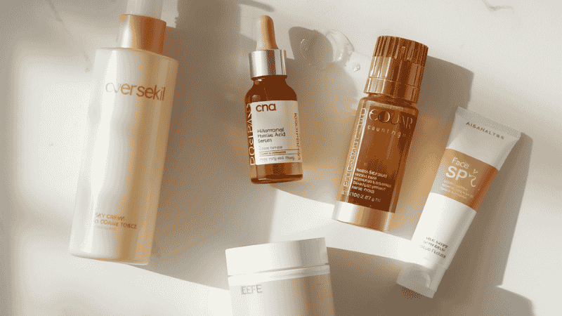 Dry skin care products including creamy cleanser hyaluronic acid serum rich moisturizer and SPF arranged on white marble