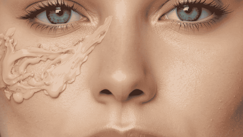 Comparison showing patchy foundation on unprepped dry skin versus smooth foundation on properly moisturized skin