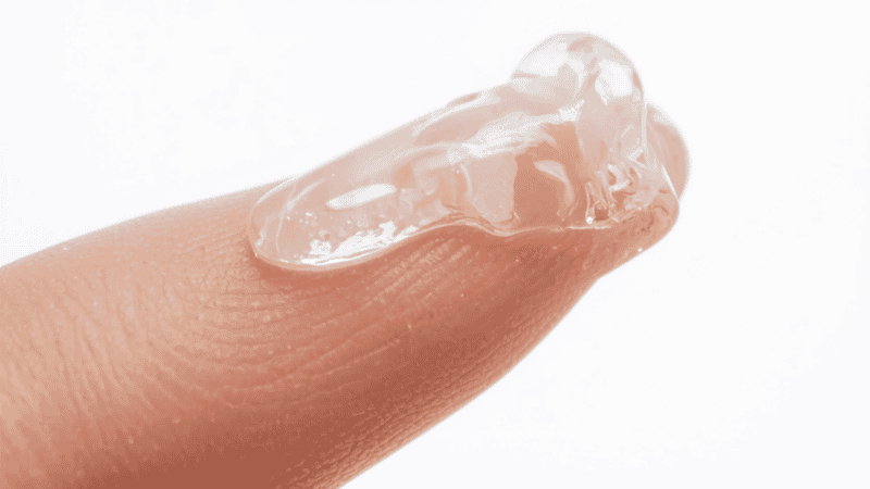Lightweight water-based gel moisturizer texture on fingertip showing non-greasy formula for oily skin