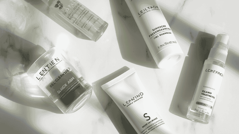 Clear skin care routine products including gentle cleanser salicylic acid treatment gel moisturizer and sunscreen on white surface