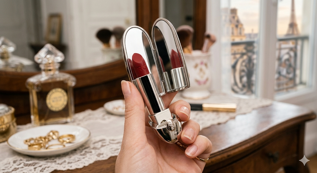 Guerlain Rouge G lipstick close-up showing signature dual-mirror case and refillable red bullet on a Parisian vanity.
