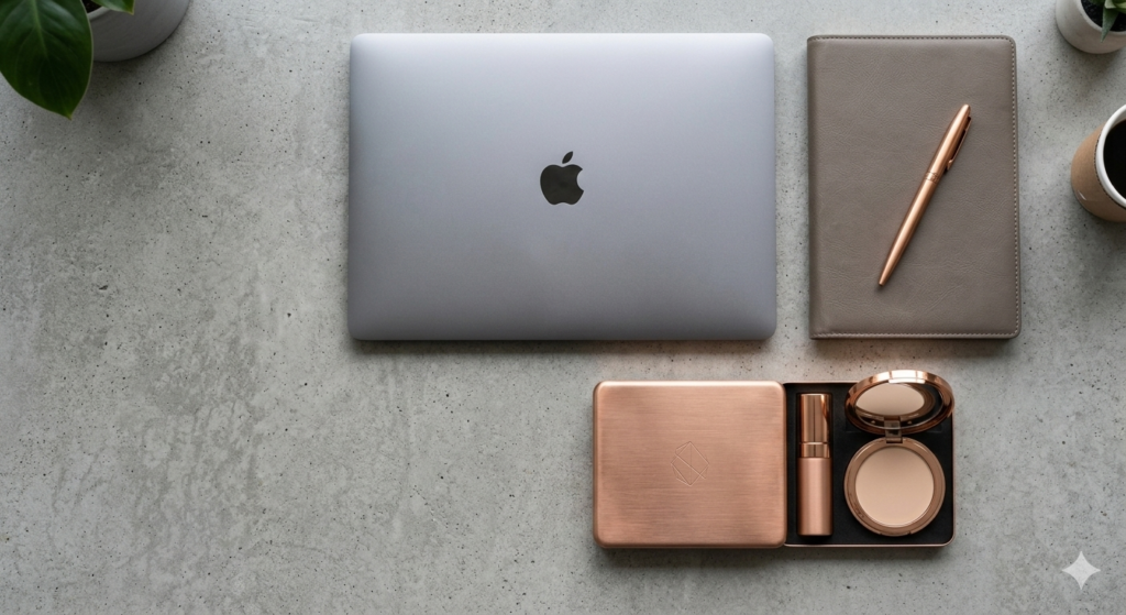 Essential office makeup touch-up kit for maintaining fresh foundation.