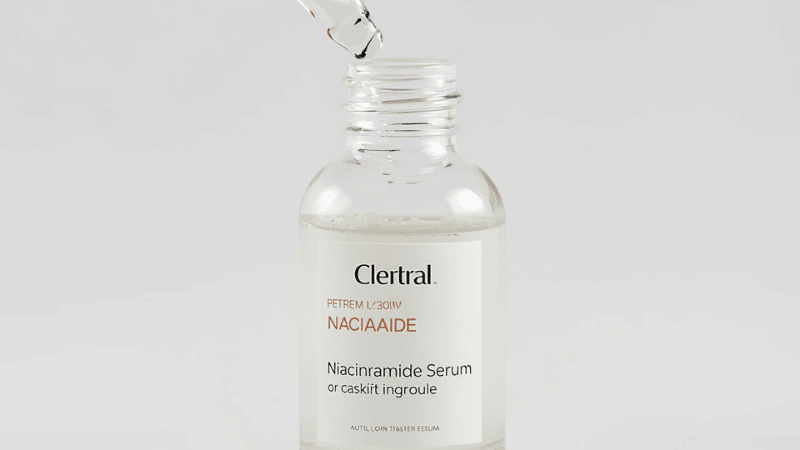 Niacinamide serum dropper bottle for oily acne-prone skin showing lightweight clear formula