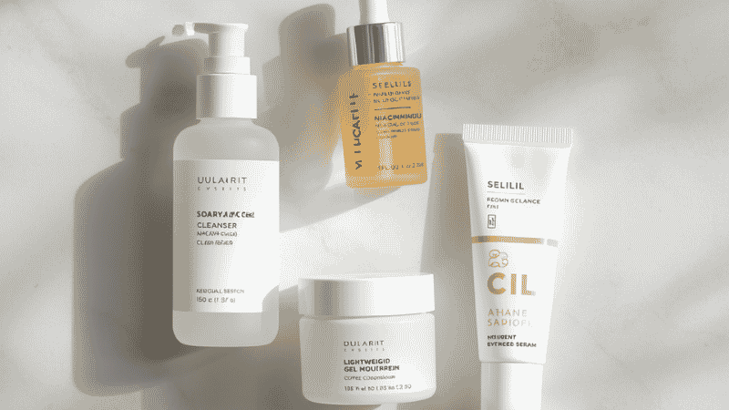 Oily skin care products including gel cleanser niacinamide serum gel moisturizer and sunscreen arranged on white surface