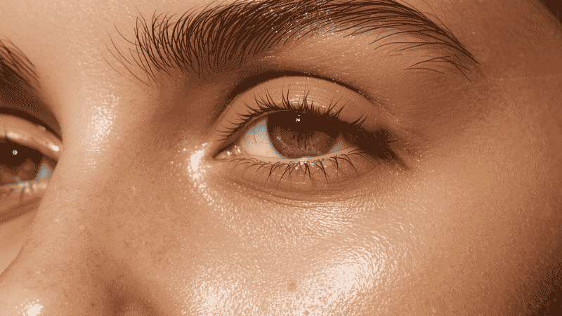 Close-up of shiny oily skin on forehead and nose showing excess sebum production midday