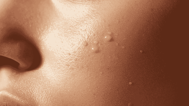 Close-up of cheek showing fading post-acne dark spots and hyperpigmentation improving with vitamin C and SPF