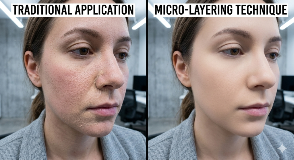 Comparison of traditional makeup application vs micro-layering for long-wear office foundation.