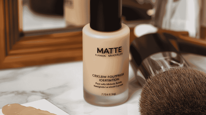 A bottle of professional matte foundation on a vanity, surrounded by oil blotting papers and a large makeup brush, representing the best foundation routine for oily skin.