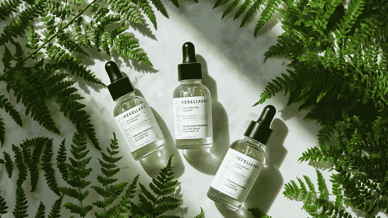A high-end flat lay of natural skincare products in sustainable glass packaging, featuring botanical ingredients and minimalist 2026 beauty design.