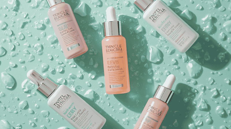 A flat-lay of refreshing gel-based skincare products for oily skin, featuring water-light textures on a cool mint background with fresh water droplets.