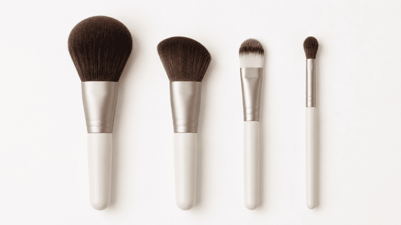 Four essential makeup brushes for beginners — fluffy powder brush angled blush brush flat foundation brush and eyeshadow brush