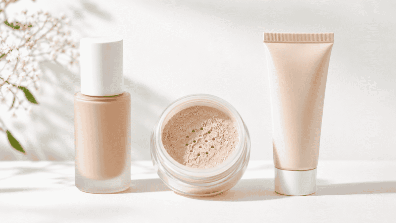 Fragrance-free foundation products for sensitive skin arranged showing clean minimal ingredient formulas
