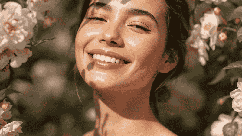 A woman with clear, balanced skin showing a healthy dewy glow instead of oily shine, after following a 4-week oily skin balancing routine.