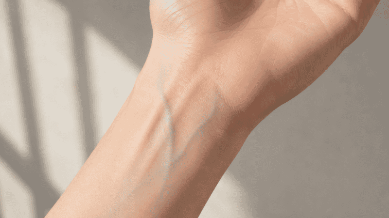 Inside of a wrist showing blue-purple veins indicating cool undertone for foundation shade selection
