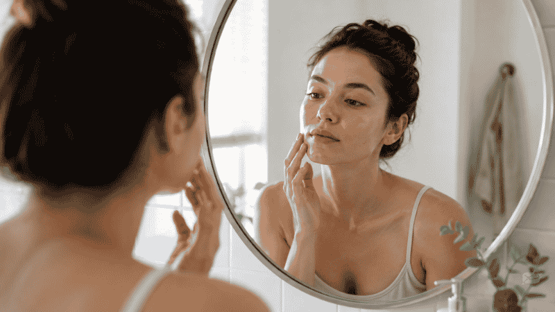 Woman looking closely at her bare clean face in a mirror one hour after washing to identify her skin type