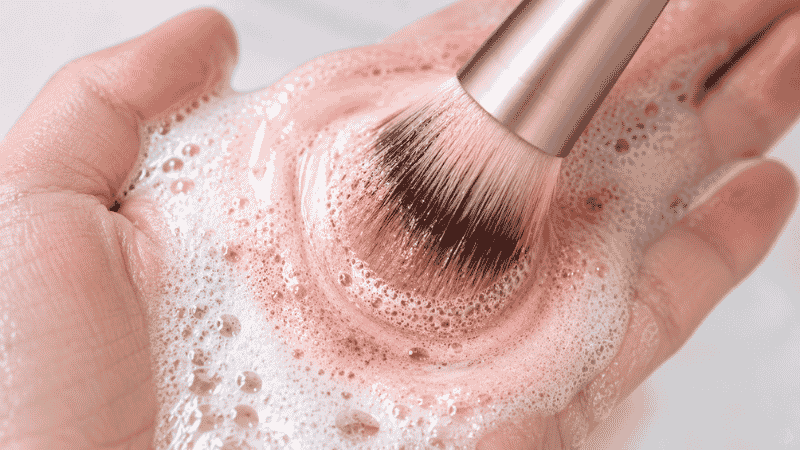 Makeup brush bristles being swirled in baby shampoo lather in the palm of a hand showing the correct cleaning technique