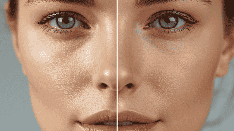 Side-by-side real-life comparison of a woman's face at 8 AM and 6 PM, showing minimal oil breakthrough and no oxidation after using a high-quality foundation for oily skin.